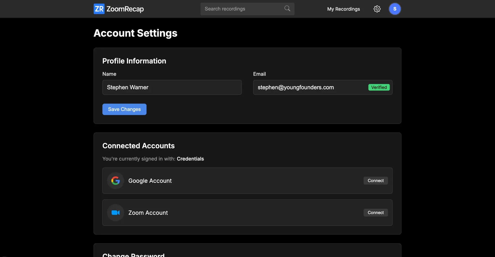 ZoomRecap Account Settings